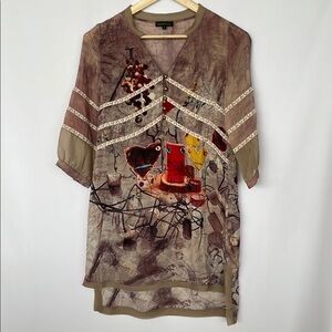 Silk Artistic Brown and Tan Painted Dress/Tunic  NWOT Size L